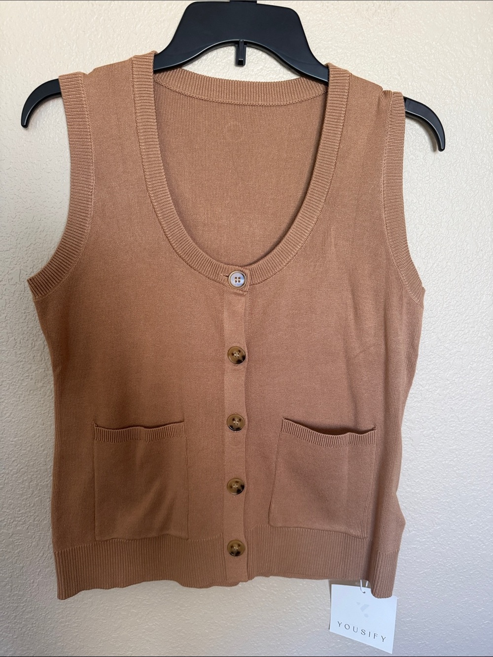 Women's V-Neck Button-Front Sweater Vest in Camel Brown - Picture 5 of 9